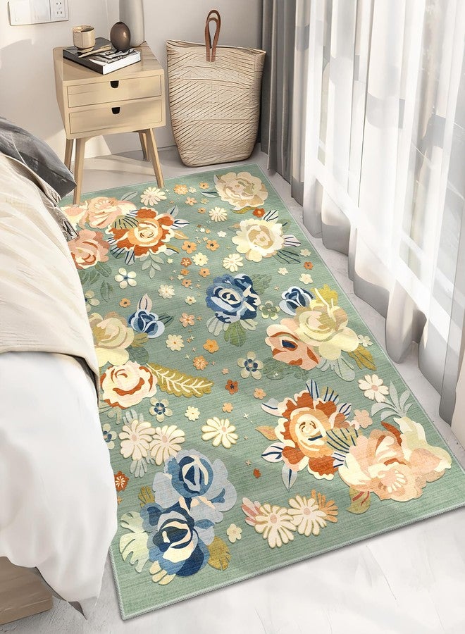 Castage Green Floral Rug 3x5,Boho Washable Area Rugs for Bedroom Living Room Kitchen Entryway Bedside,Small Vintage Farmhouse Bohemian Oriental Non Slip Carpet - Image 2